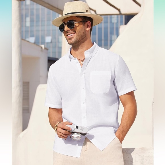 Hemstitch Men's Short Sleeve Cotton Button Down Shirt Collared Summer Size XXL - Picture 2 of 11